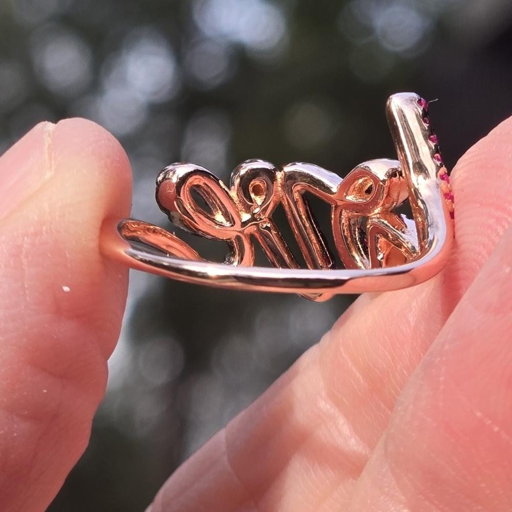 Ruby Sterling & Rose Gold LOVE Ring Sz6 - Picture 9 of 9